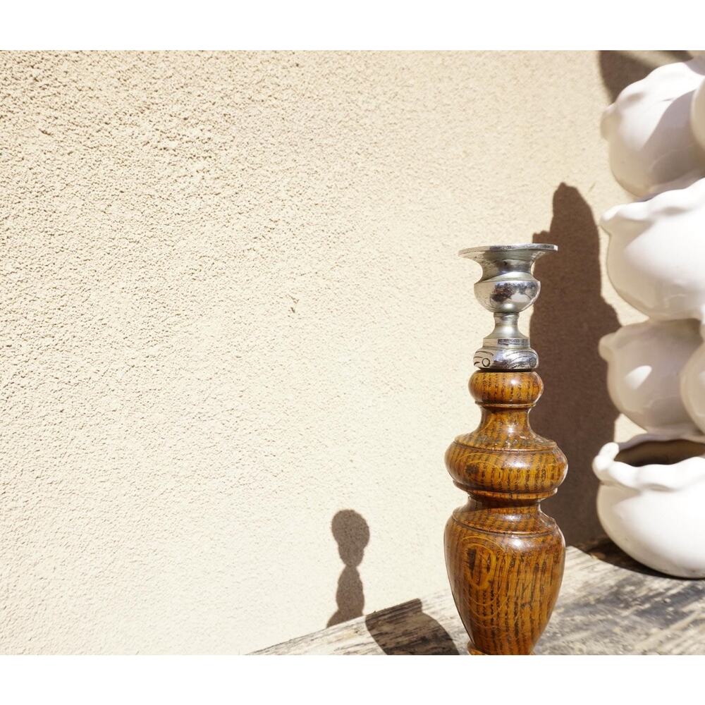 Wooden Candlestick Silver Top